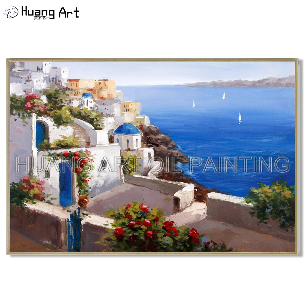 Artist Hand-painted High Quality Greek Aegean Sea Landscape Oil Painting for Room Decor Santorini Greece Seascape Oil Painting