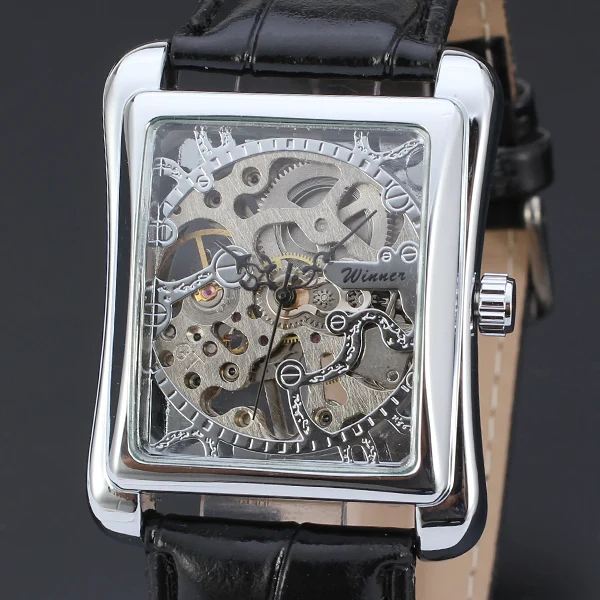 T-WINNER Elegant Square Hollow Silver Plated Case Automatic Self Wind Mechanical Unisex Wristwatch Casual  Leather Watch