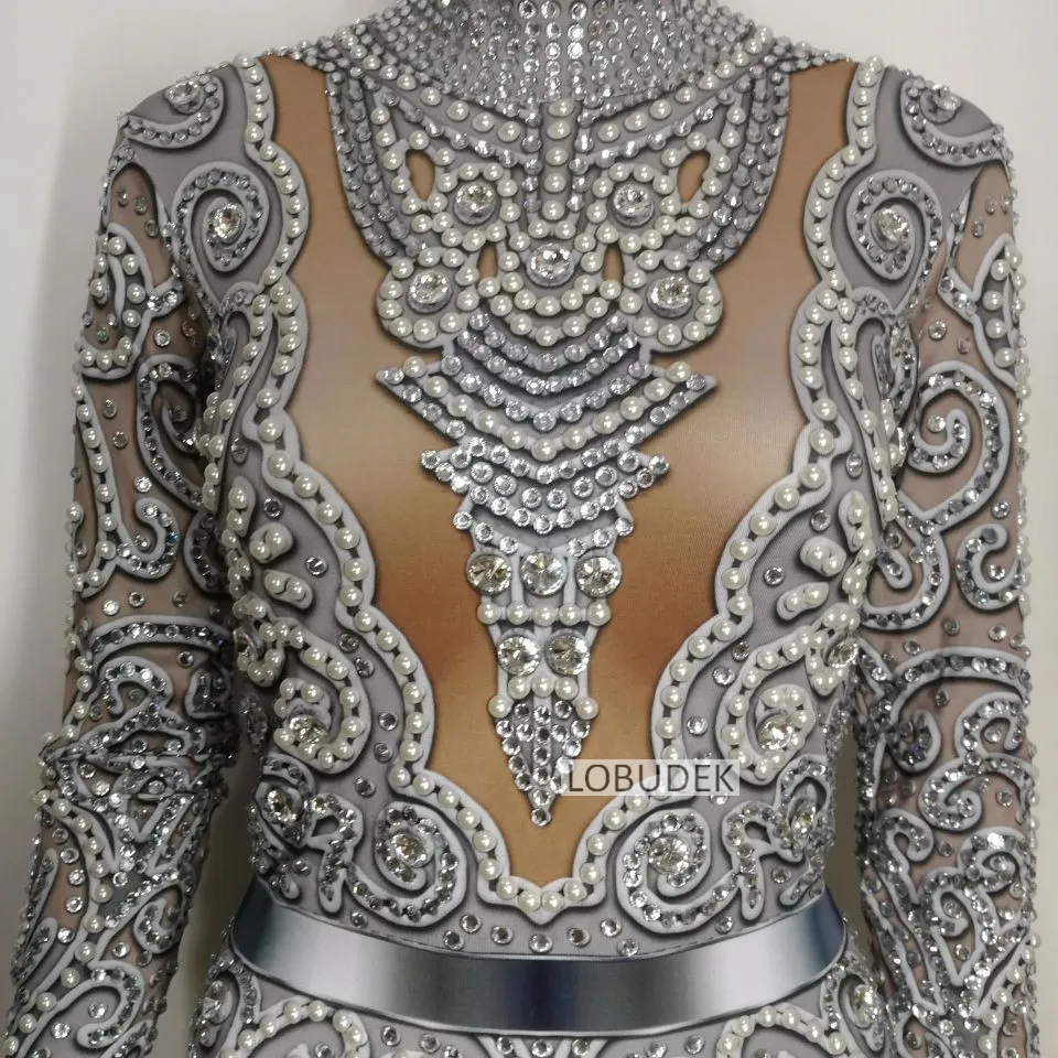 Sexy Fashion Pearl Rhinestones Jumpsuit Women Birthday Celebrate Party Performance Costume Singer Dancer Stage Beading Leotard