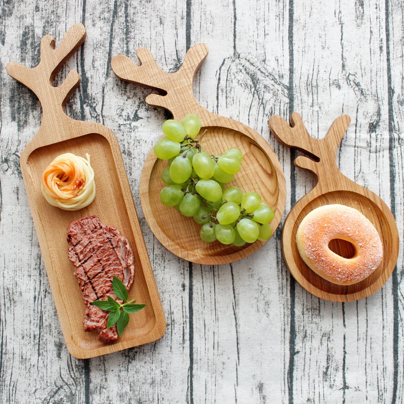 

Japan Style Wood Desserts Plate Creative Antlers Shape Eco Natural Cutting Boards Fruits Plate Multi-Use Handmade Storage Trays