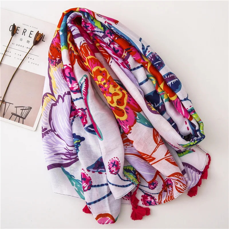 Lenço de borla floral para mulher, xale viscose, envoltório, pashmina, roubou, muçulmanos, hijab, snood, senhoras, Espanha Fashion