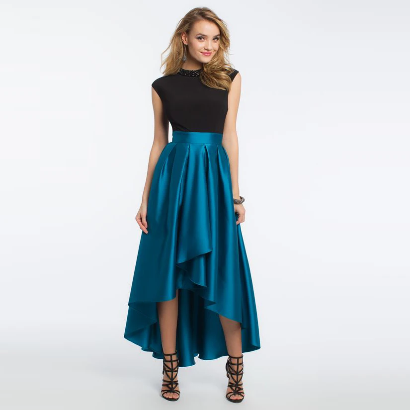 Good Quality High Low Skirt Wide Smooth Zipper Waistline Floor Length Long Maxi Skirt Navy Blue Pleated Asymmetrical Skirts