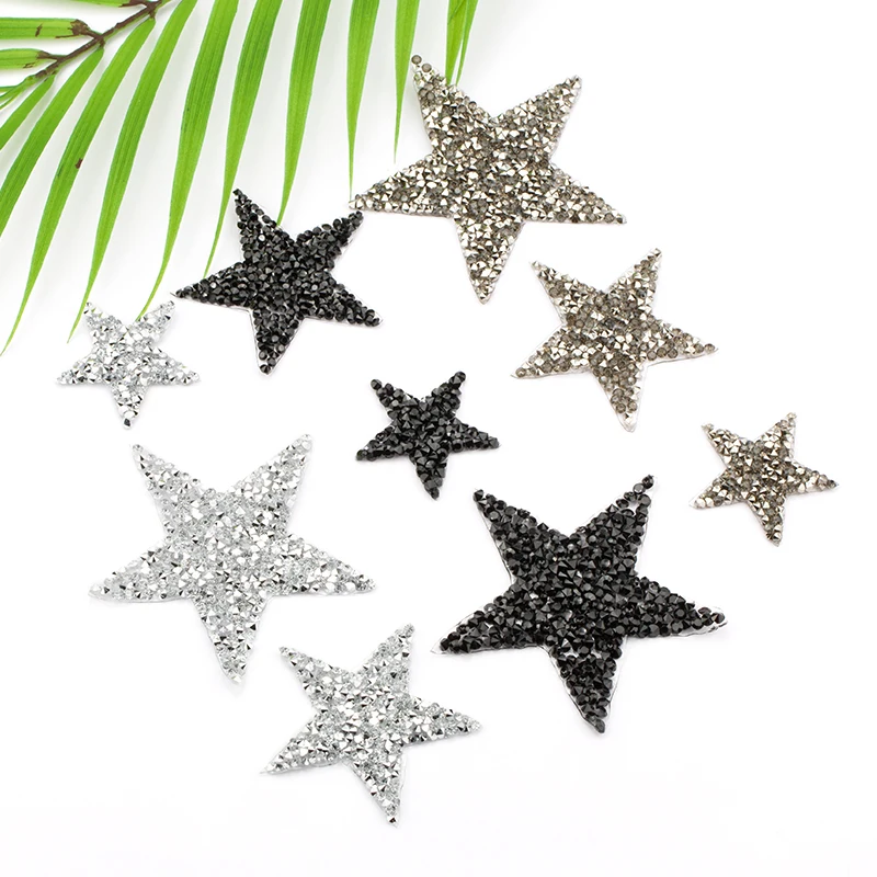 4/6/8cm Hotfix Jet Hematite Star Rhinestone Mixed Embroidered Iron On Patch For Clothing Badge Paste For Clothes Bag Pant Shoes