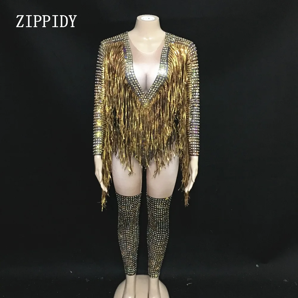 Fashion Gold Fringes Rhinestones Sexy Bodysuit Women Jazz Dance Big Stretch Leotard Outfit Evening Show One-piece Costume Wear