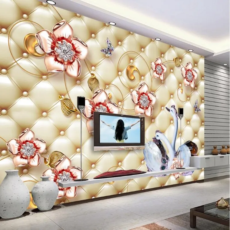 

wellyu Custom large - scale murals luxury romantic jewelry flowers white swan 3D TV background wall non - woven wallpaper