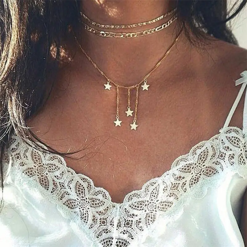 Multilayer Heart Star Moon Coin Bar Choker Necklace Set Pendant for Women Multi Chain love Bohemian on Neck Jewelry