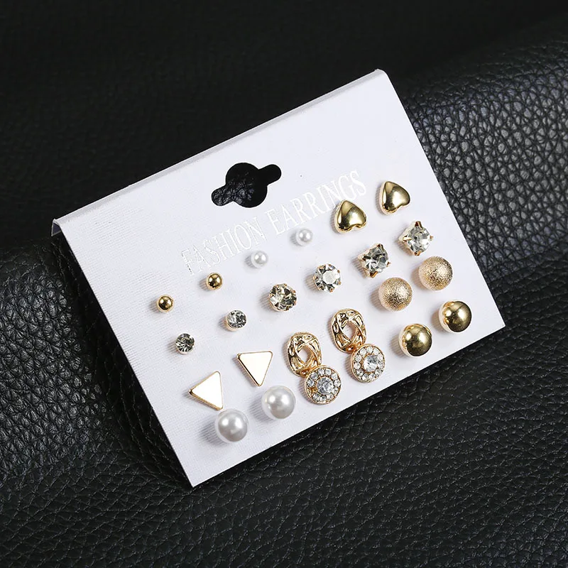 Fashion 12 pair/set Women Square Crystal Heart Stud Earrings For Women Piercing Simulated Pearl Flower Earrings Set Gift Jewelry