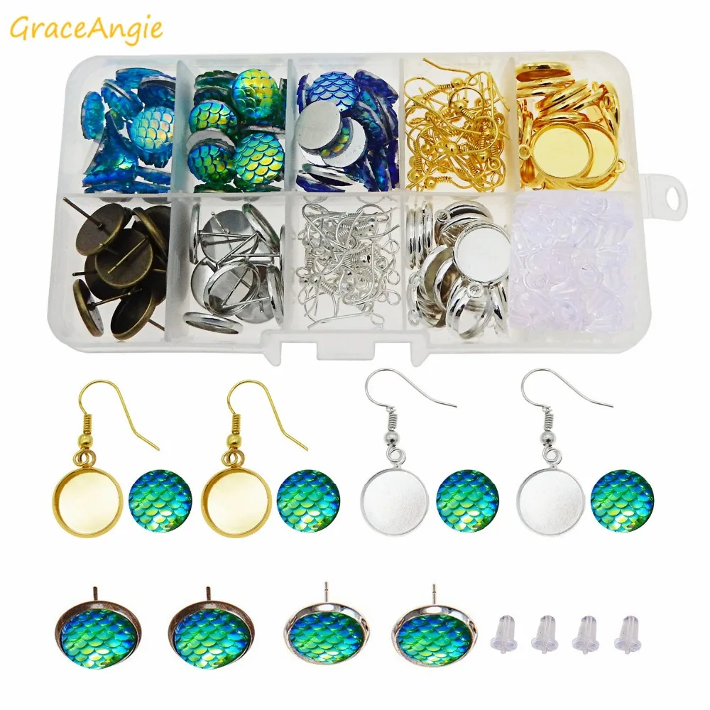 GraceAngie 180pcs Stainless Steel Ear Stud Earring Cup Bezel Mermaid Scale Resin Cabochons And Hooks Eardrop Making Findings