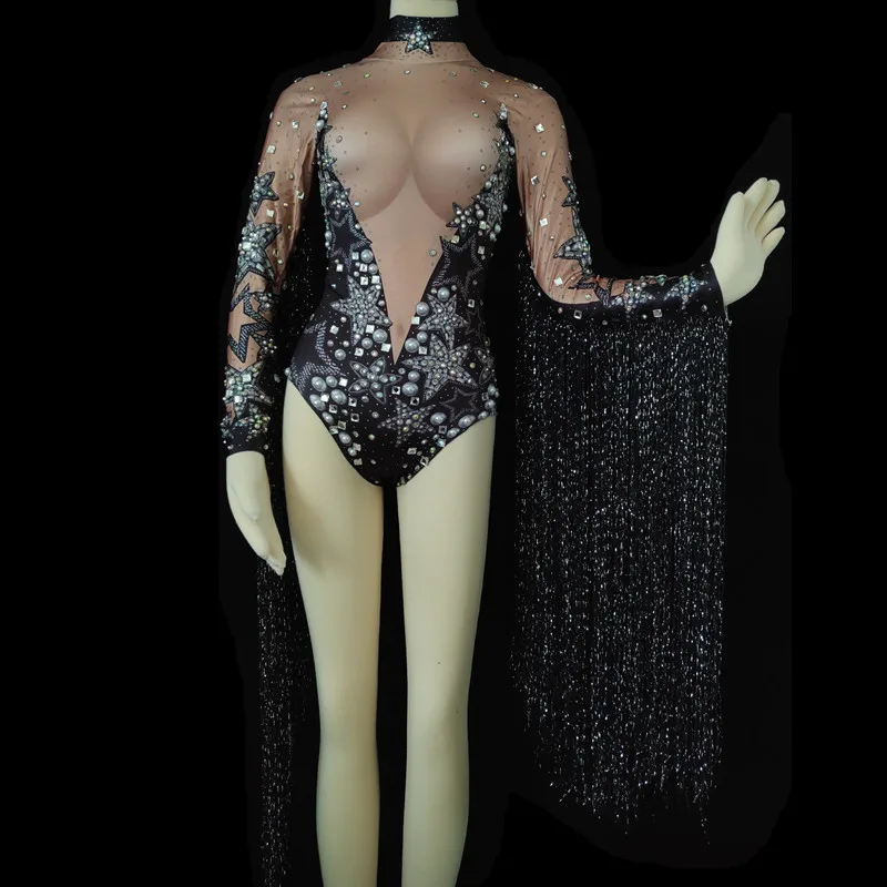 

Women Stage Costumes Fashion Show Stretch Leotard Nightclub Party Pearls Costume Dance Jumpsuit Sexy Fringes Crystals Bodysuit