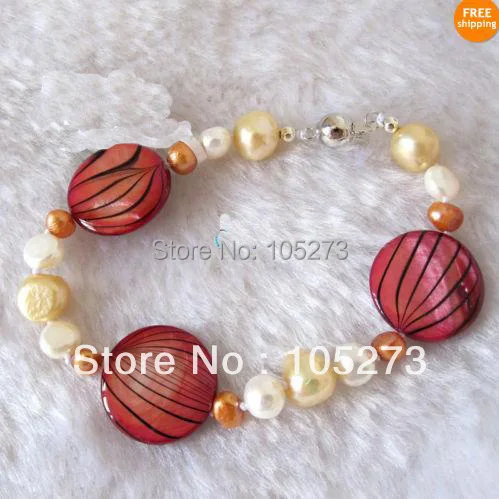 

Lovely Pearl Jewelry 8inch AA5-20MM Multi Color Baroque Shaper Natural Freshwater Pearl + Shell Bracelet Wholesale Free Shipping