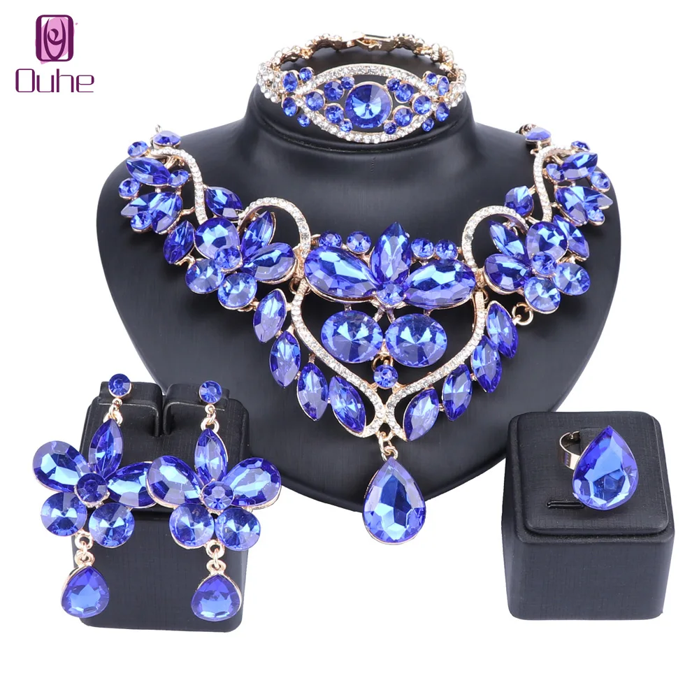 Luxury Crystal Rhinestone Flower Necklace Bracelet Earrings Ring Set For Women Wedding Bridal Jewelry Sets 5 Colors