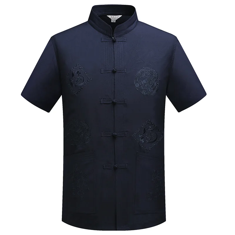 Chinese Traditional Tang Clothing Top Mandarin Collar Kung Fu Wing Chun Garment Top Short Sleeve Embroidery Dragon Shirt M-XXXL