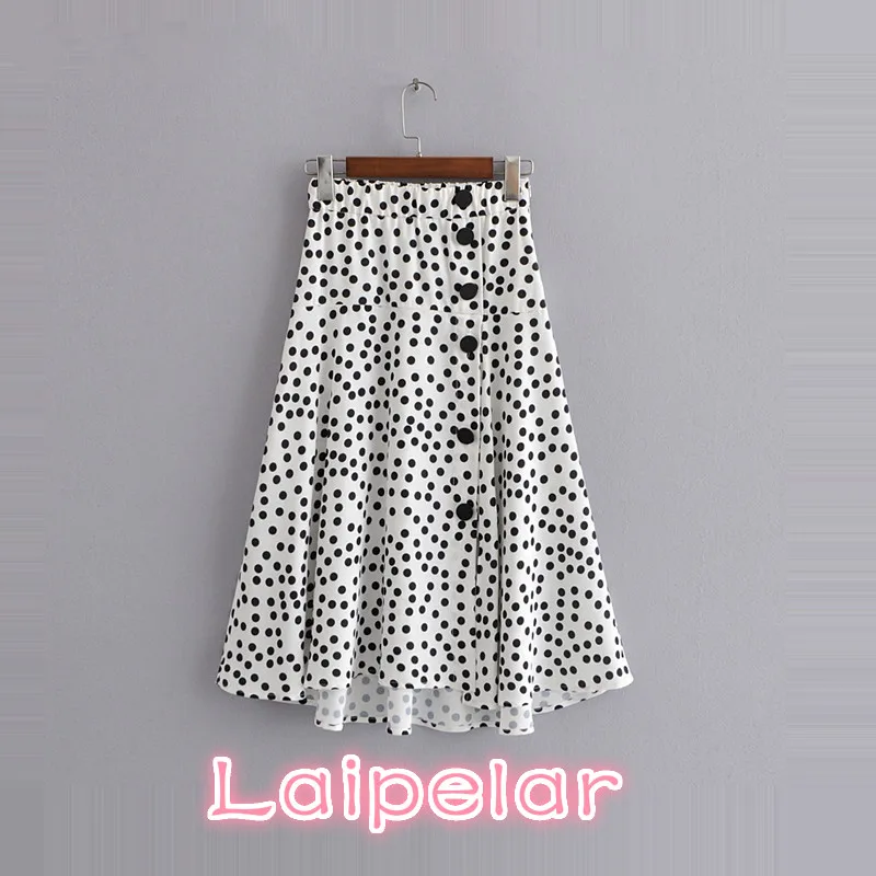 

Single Breasted Long Skirts Womens Summer Casual White Black Dots High Waist Skirt Female Button Skirt Korean Streetwear