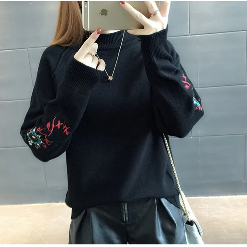 Embroidery Half Turtleneck Pullovers Sweater Women 2020 Autumn Winter Women Jumper  Knitted Bottoming Sweaters Femme Tops AA400