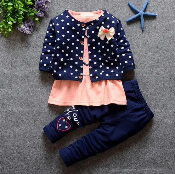 Kids Spring autumn 2017new Korean wave point clothing set baby girls cute cotton clothes suit childern cartoon 3pcs suit