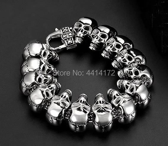 316L Stainless Steel Men's Huge Skeleton Skull Bracelets Heavy Link Chain Ghost bangles Biker Punk Jewerly Men's Gothic Jewelry