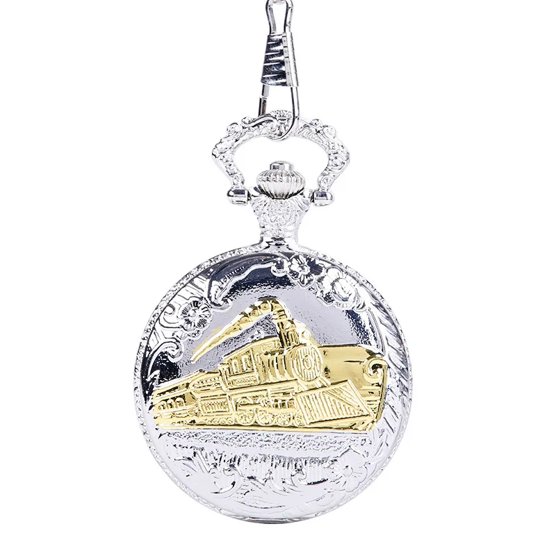 

Embossed Running Steam Train Pocket Watch Chain siliver and golden Metal Dress Casual Men Women Fob Watch Antique Fashion