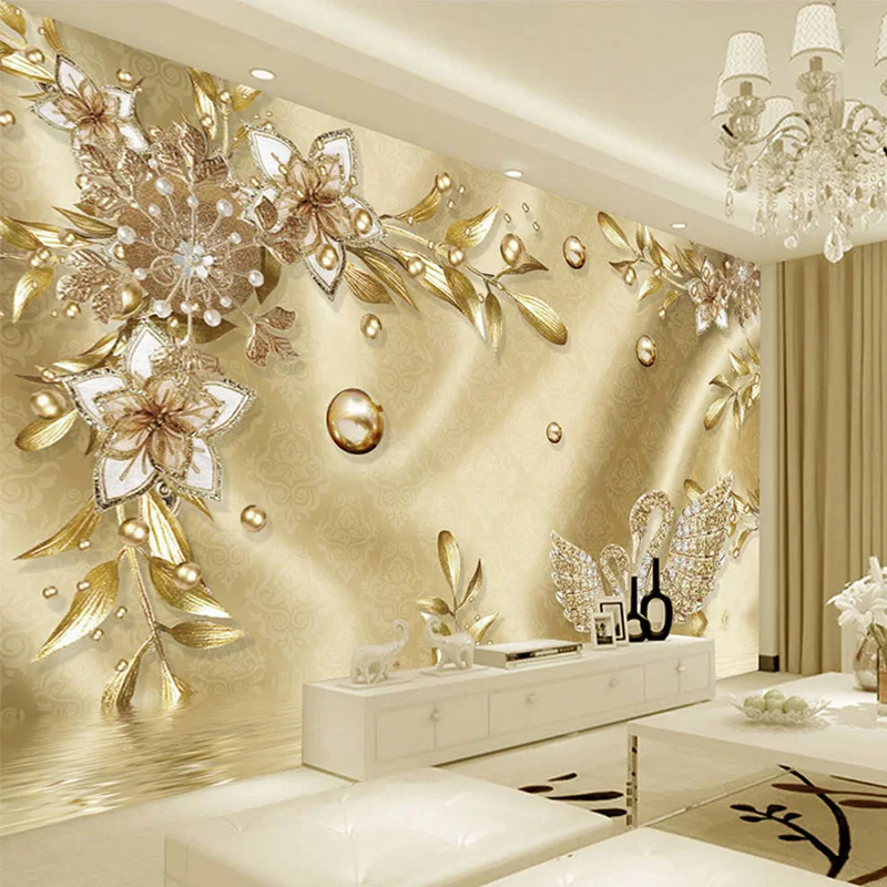 Custom Wall Mural Wallpaper European Style Luxury Golden Flower Jewelry Fresco Living Room Background Wall Home Decor 3D Sticker