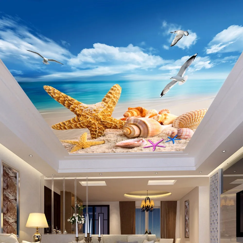 

Custom 3D Photo Wallpaper Fresco Living Room Bedroom Ceiling Mural Beach Starfish Seabird Wall Papers Home Decor Papel De Parede