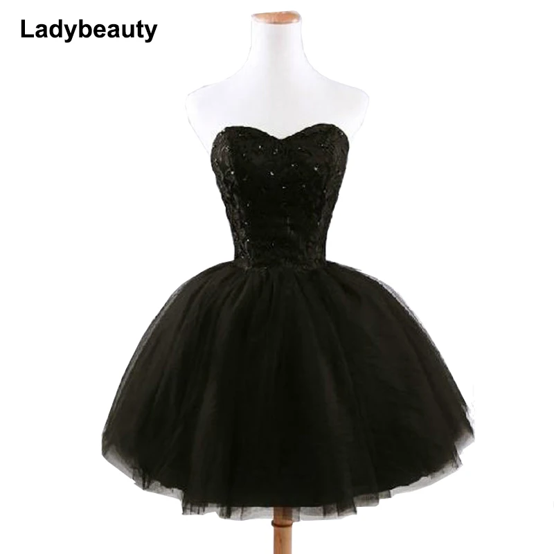 Ladybeauty New arrival elegant women short prom dress black lace up princess sweetheart beading fashion women black prom dress