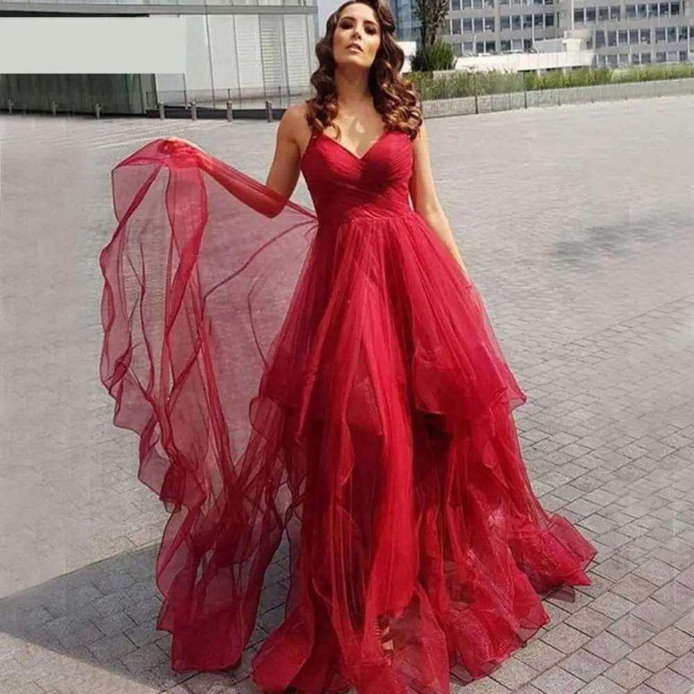 JaneVini Elegante EEN Lijn Rode Lange Prom Dresses Spaghettibandjes Tiered Tulle Sweep Trein Plus Size Formele Partij Jassen Galajurken