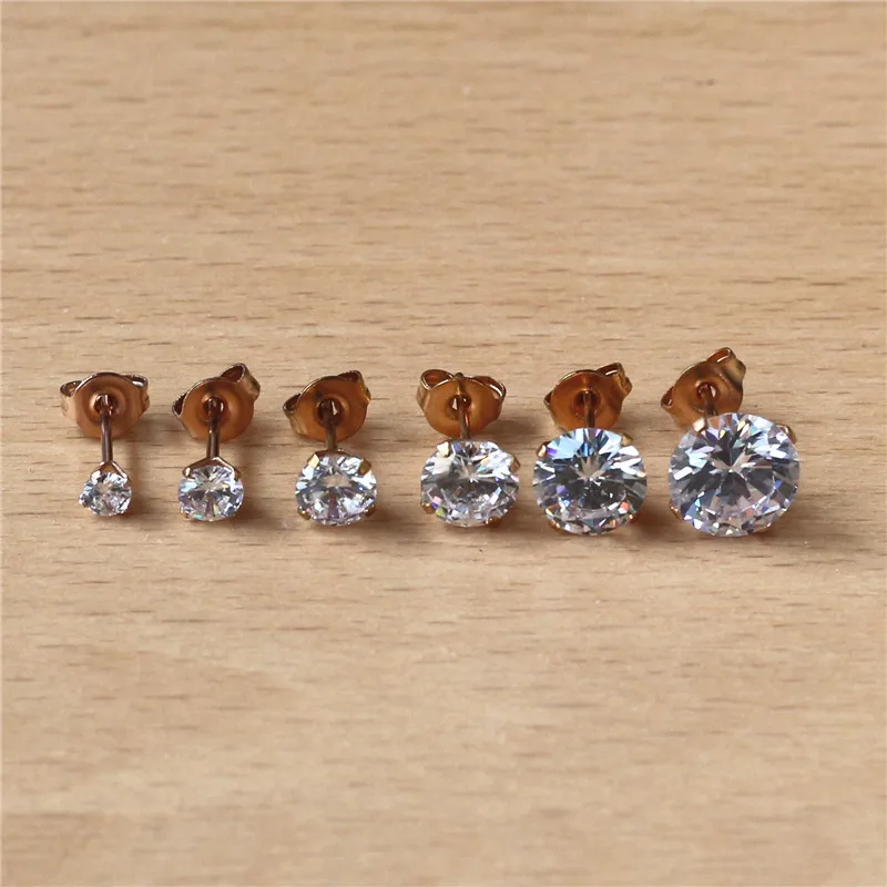 BG4 316 L Stainless Steel 3mm to 8mm Round Clean Zircons Stud Earrings Rose Gold-color Vacuum Plating No Easy Fade Allergy Free