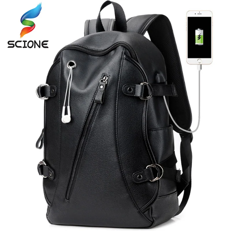 Men\'s Leather Waterproof Large Laptop Training Gym Bag USB Charge Travel Backpack School Sports Shoulder Bags Mochila Masculina