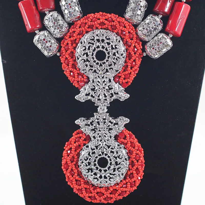 Natural Coral Luxury Wine Red African Coral Beads Wedding Jewelry Sets Red and Silver Women Costume Pendant Necklace Set ABH531