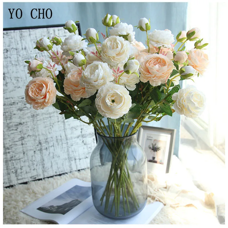 YO CHO Rose Artificial Flowers 3 Heads Pink White Peonies Silk Flower Wedding Garden Decoration Fake Flower Bouquet Peony Color