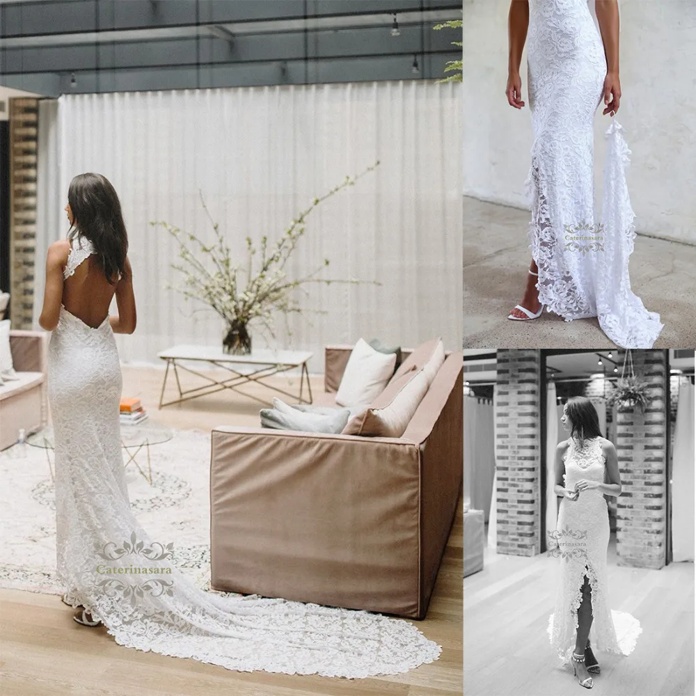 Keyhole Mermaid 2019 Lace Women Wedding Dress Halter Bride Gown Girl Bridal Party Fit and Flare Chapel Brilliant Front Split