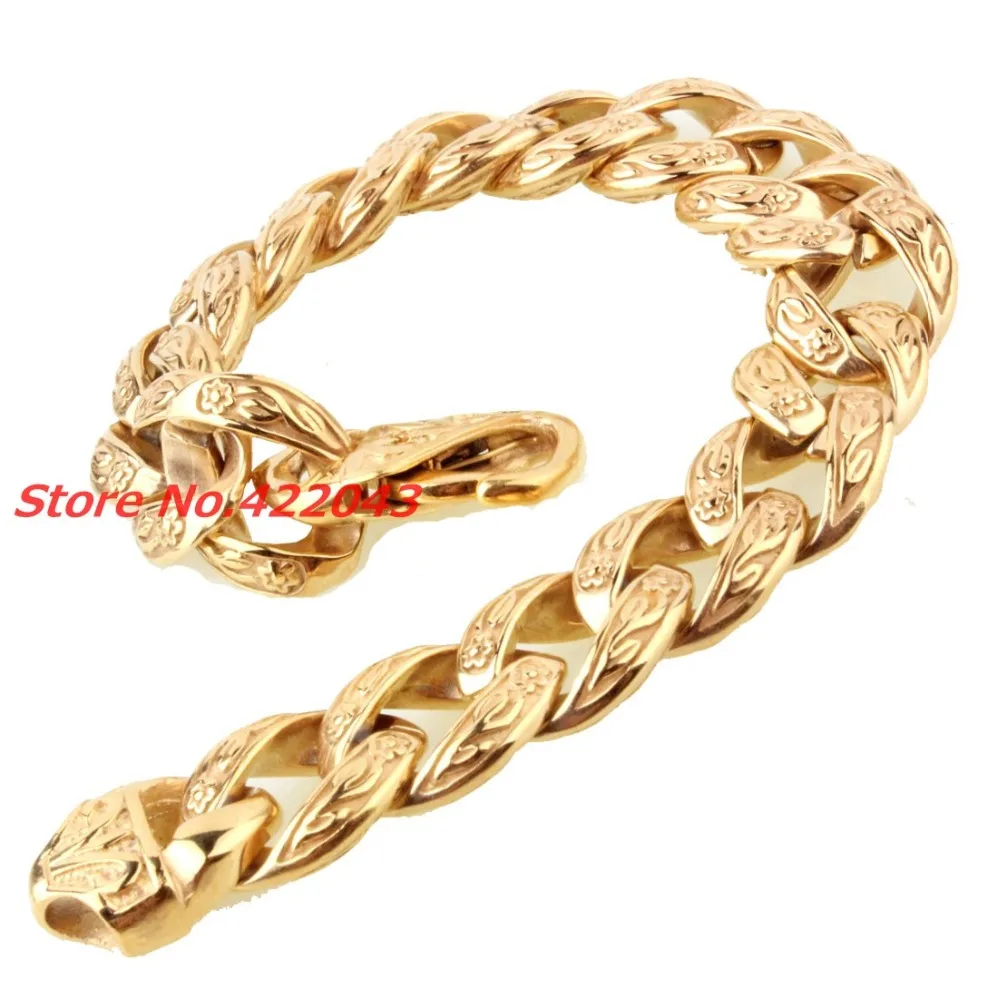 New Fashion Mens Bangle 15mm Solid Gold color  Stainless Steel Cast Flower Cuban Link Chain Bracelet 9\