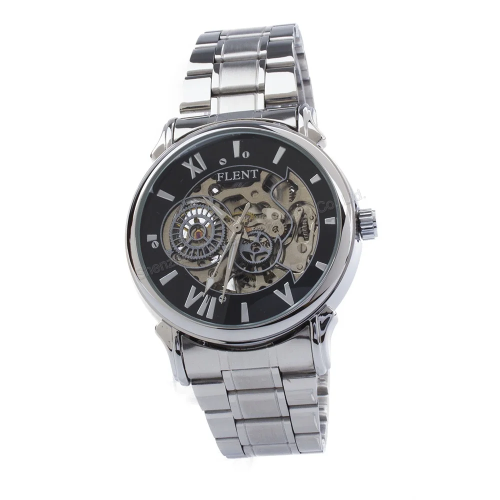 Men's Automatic Hollow Engraving Dial Skeleton Watch Silver Stainless Steel Band Self-winding Wrist Watchs