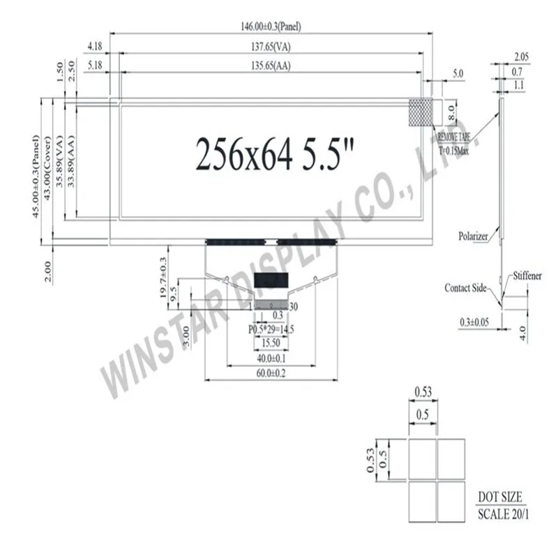 WEX025664D Winstar is 5.5 inch 256x64 TAB OLED display POS system application standard emitting yellow colors new and original