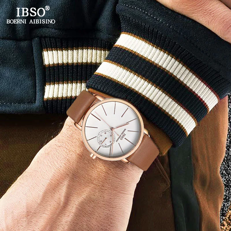 IBSO BRAND High Quality Mens Business Watches Genuine Leather Male Quartz Watch Wristwatch For Man Relogio Masculino