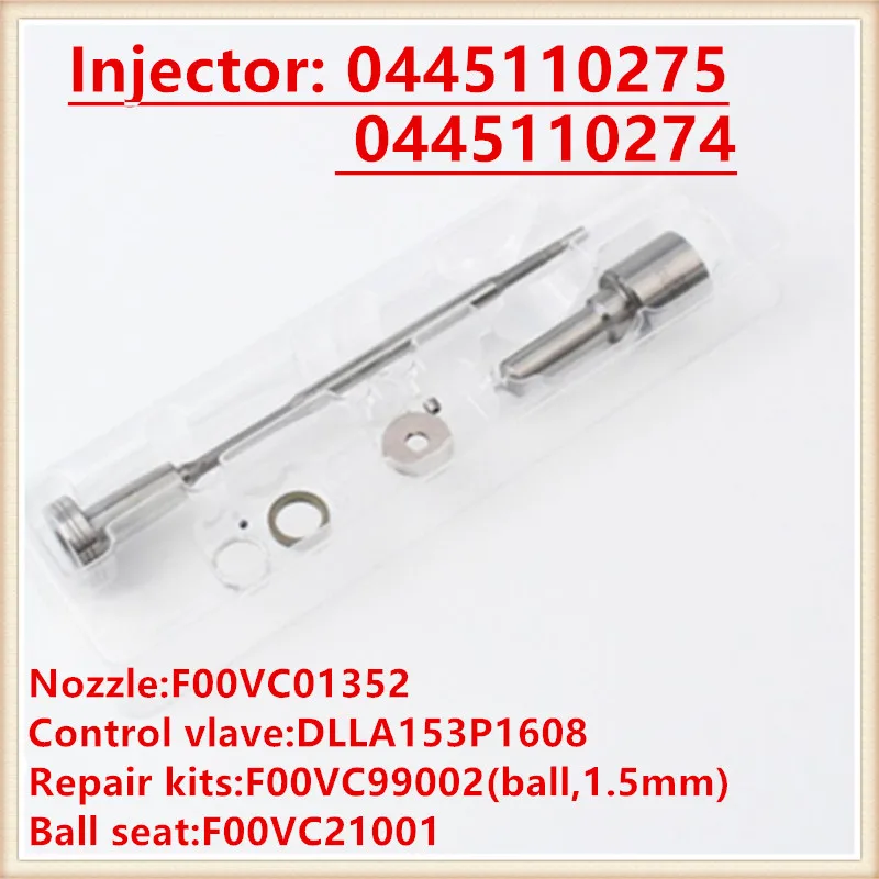 

0445110275, 0445110274 Injector Overhaul Kits nozzle DLLA153P1608 valve F00VC01352 ball sets for 0445110275 274