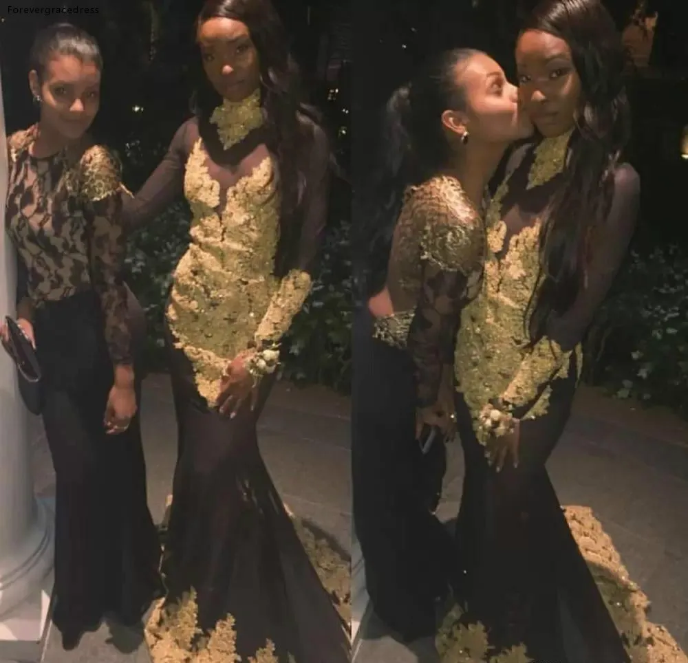 2019 afrikanische Schwarz Mädchen Prom Kleid Meerjungfrau Mit Langen Ärmeln Spitze Pageant Ferien Graduation Tragen Abend Party Kleid Nach Maß