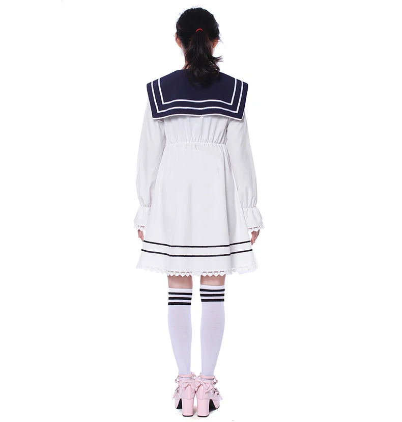 Preppy style Japanese Women Lolita Bowknot Chiffon Long Sleeve Dress JK Uniform Sailor Dresses Girls Party Princess Lace Dress