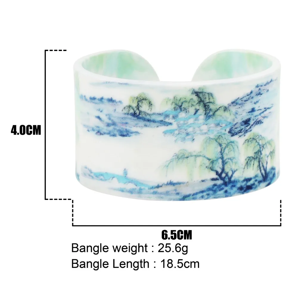 Bonsny Plastic Chinese Landscape Painting Vintage Bangles Bracelets Fashion Ethnic Retro Jewelry For Women Girl Ladies Gift Bulk