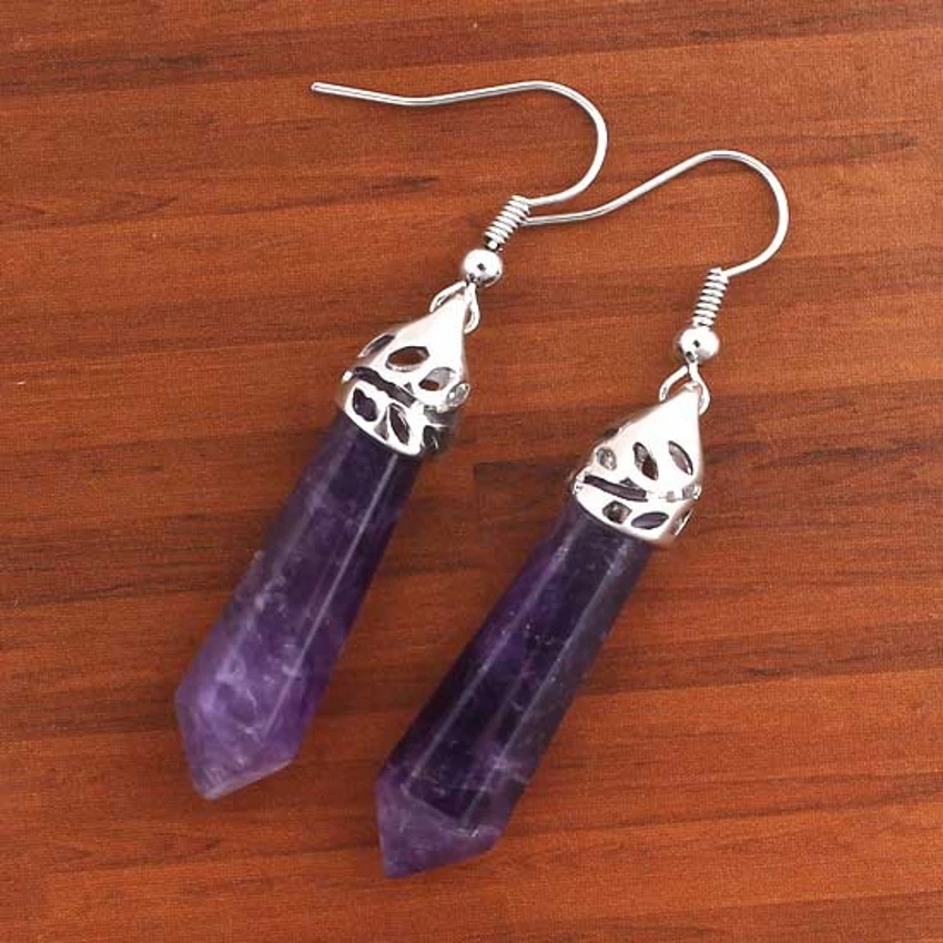 Natural Healing Crystal Rose Pink Quartz Stone Earring Lapis Lazuli Amethyst Hexagon Column Dangle Hook Earrings For Women Girls