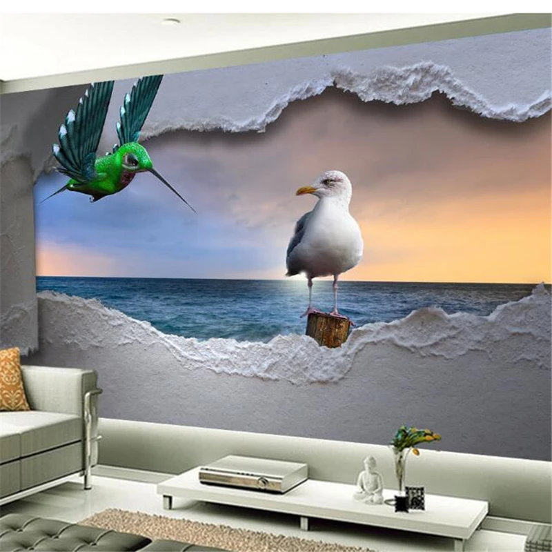 

wellyu papel de parede para quarto Custom wallpaper European sea three-dimensional bird sunset scenery background wall