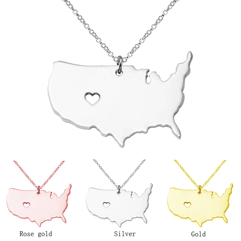 United States American Map Pendant Necklace Stainless Steel USA Map Necklaces Jewelry Gifts