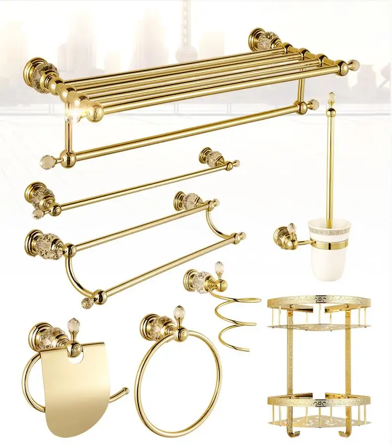 top high quality solid brass gold finish Bathroom Accessories Set,Robe hook,Paper Holder,Towel Bar,Soap basket,bathroom sets,