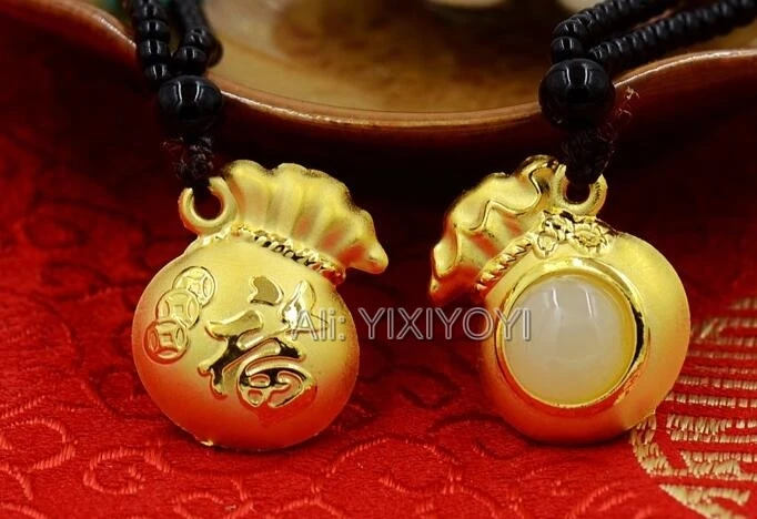 Natural White HeTian Jade + 18K Solid Gold Chinese Coin Fu Money Bag Lucky Pendant + Free Necklace Fine Jewelry + Certificate