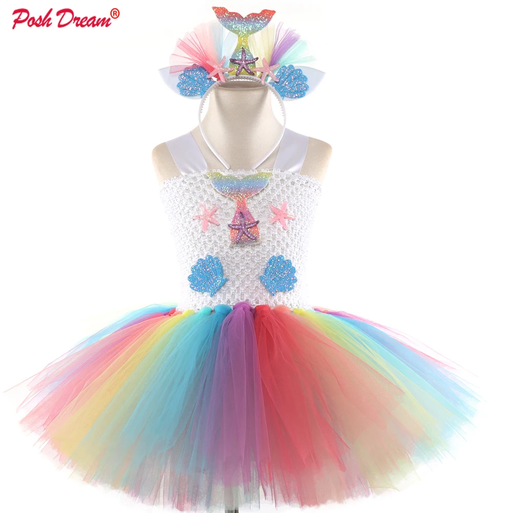 

POSH DREAM Sea Princess Cosplay Children Party Tutu Dress Tulle Princess Rainbow Kids Girls Birthday Party Clothes Toddler Dress