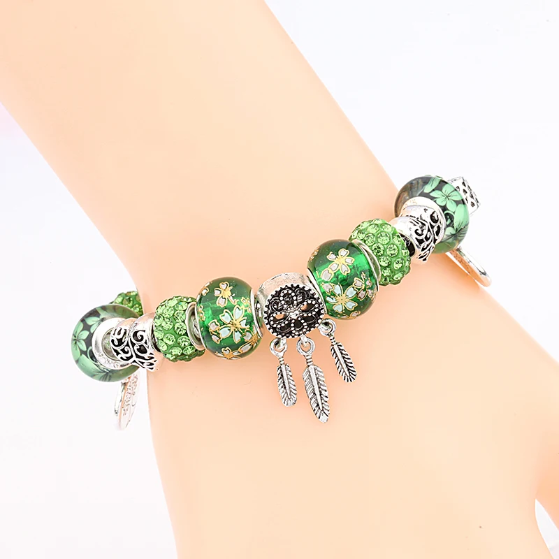 New Arrival Antique Tibetan Silver Dreamcatcher Charm Bracelet Green Tree of Life Bead Bracelets & Bangles with Flower as Xgift