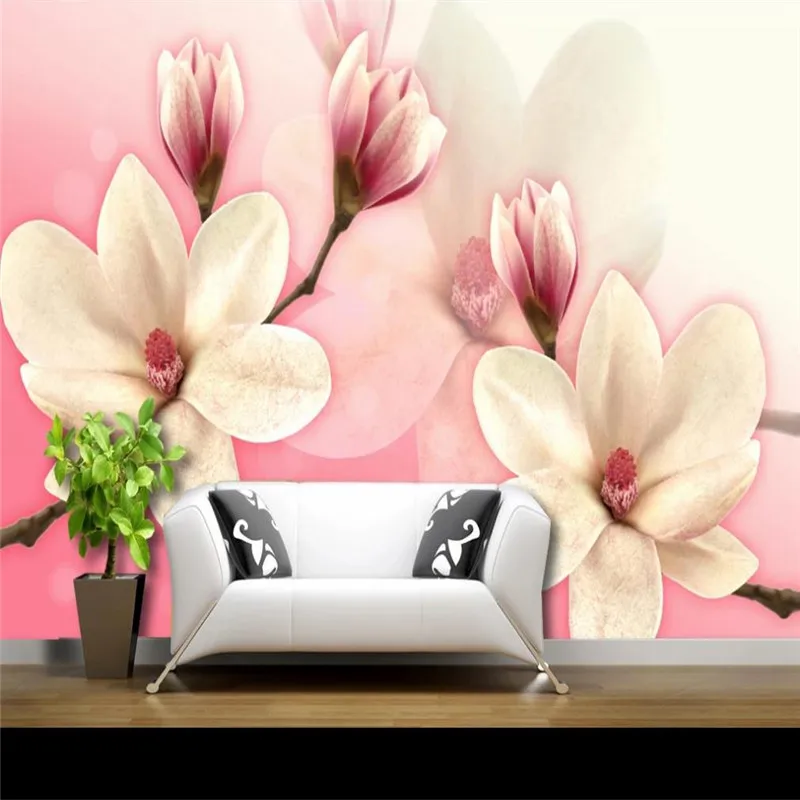 

Custom wallpaper magnolia pink flower modern fashion background wall decoration painting high-grade waterproof material