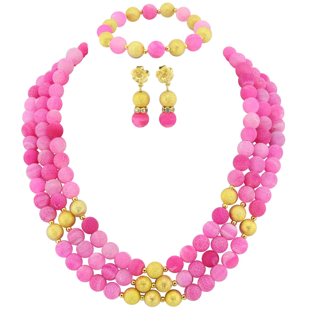 

Elegant Lady Hot Pink hot Jewelry Set 10MM hot Necklace Holiday Party Necklace Nigerian Beaded Statement Necklace HD3211