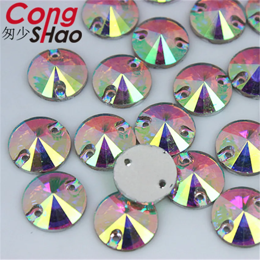 Cong Shao 10/12/14mm Crystal AB / Clear AB Flat Back Round Resin Rhinestone Trim Sew On Stones 2 Hole DIY Wedding Dress YB300