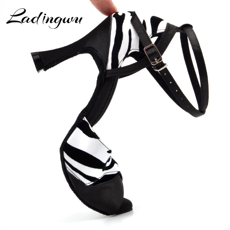 Ladingwu-Chaussures de brevLatine pour Femme, Satin Noir, Talon Haut, Texture Zèbre, PU, ix, Salle de Bal, Été, Nouveau