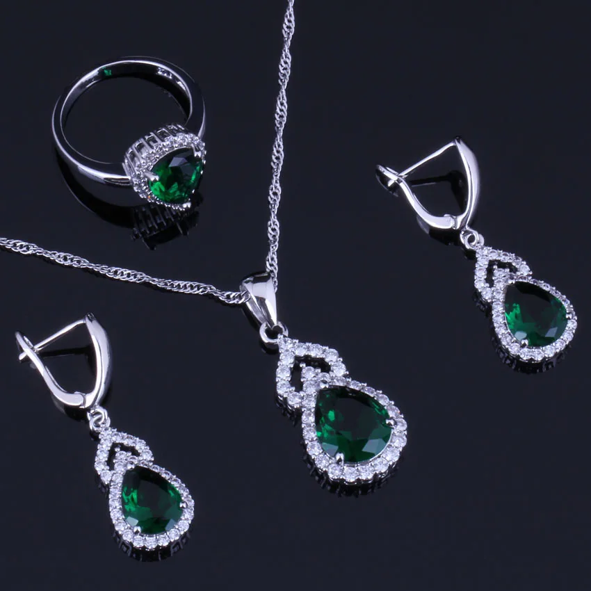 Superb Pear Green Cubic Zirconia White CZ Silver Plated Jewelry Sets Earrings Pendant Chain Ring V0294